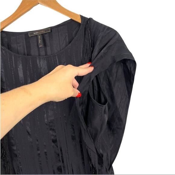 BCBGMAXAZRIA Black Silk Ruffle Blouse Top Beaded Fringe with Shinny Stripes XXS - Picture 6 of 16